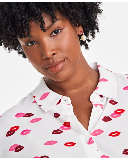 On 34th Red Trendy Plus Size Lip Party Printed Blouse