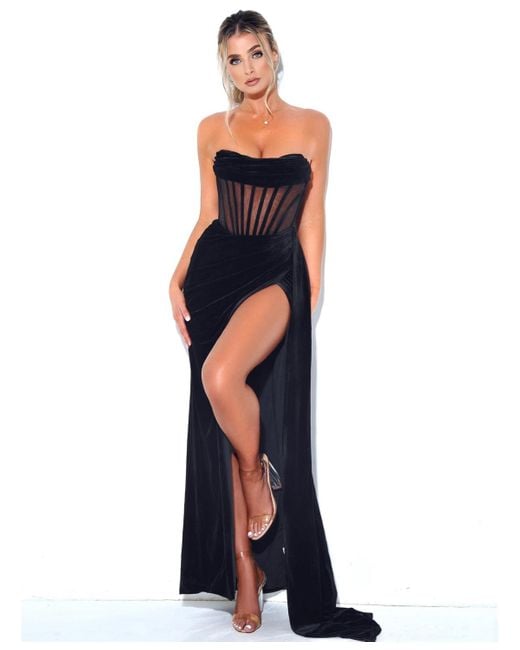 Miss Circle Blue Priya Draping Corset High Slit Velvet Gown