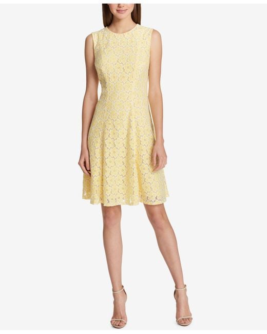 Tommy Hilfiger Yellow Sleeveless Lace Fit & Flare Dress
