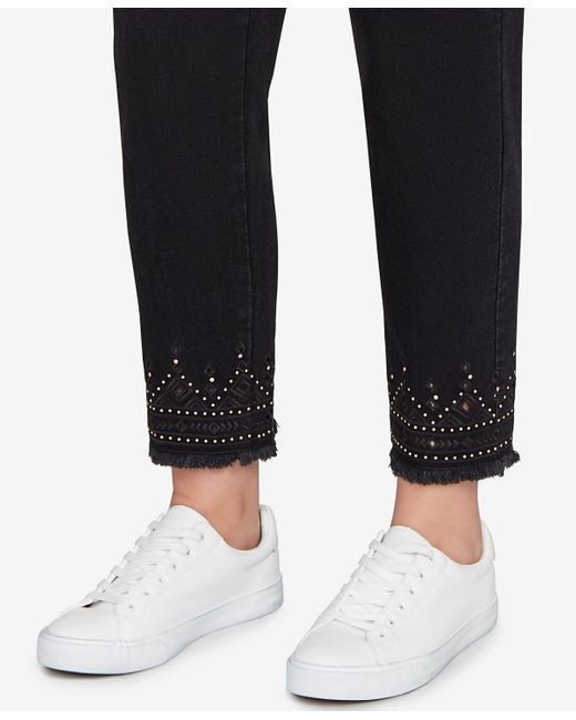Ruby Rd Black Petite Pull On Embroidered Hem Ankle Jeans