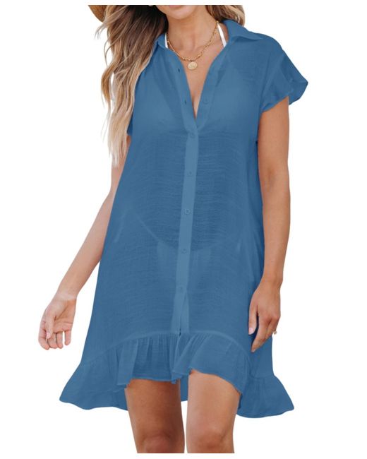 CUPSHE Blue Button-up Collared Ruffle Mini Cover-up