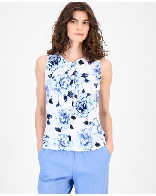 Anne Klein Women's Blue Sleeveless Asymmetric Pleated Top