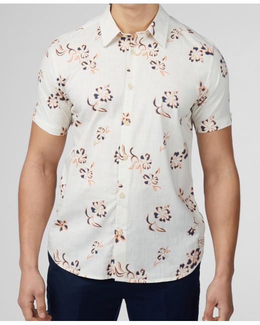 Ben Sherman White Linear Floral Print Short Sleeve Shirt for men