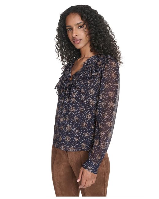 Tommy Hilfiger Blue Posy Ruffle Long Sleeve Blouse