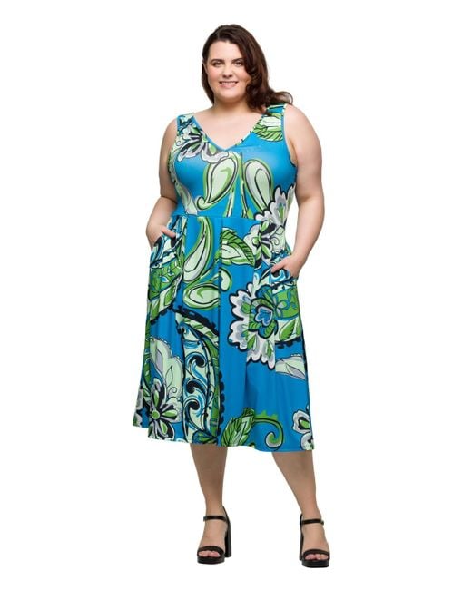 24seven Comfort Apparel Blue Plus Size Midi Length Print Sleeveless Pleated Pocket Dress