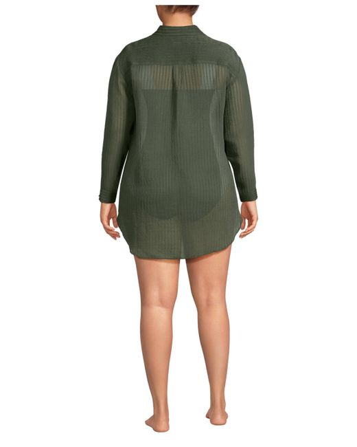 Lands' End Green Plus Size Rayon Rib Button Down Cover-up