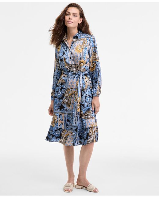 Jones New York Blue Collared Paisley Tie-waist Shirtdress