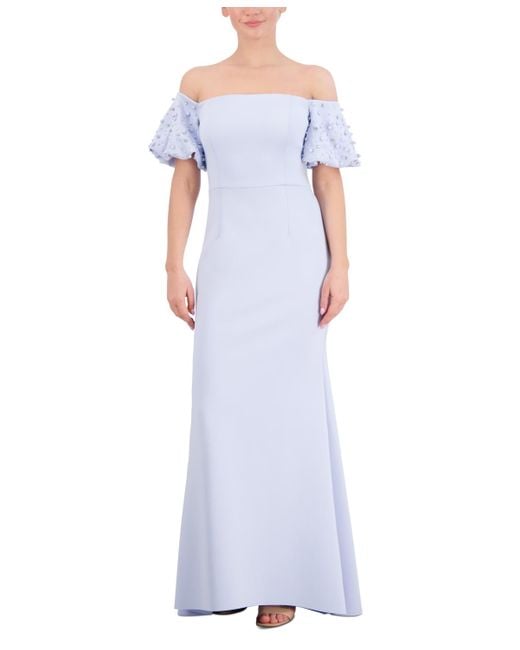 Eliza J Blue Off-the-shoulder Imitation Pearl Puff-sleeve Gown