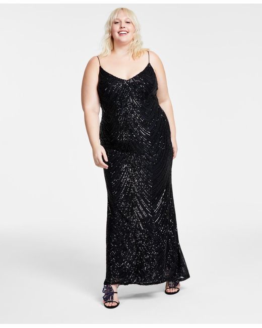 B Darlin Black Trendy Plus Size Sequined V-neck Sleeveless Gown