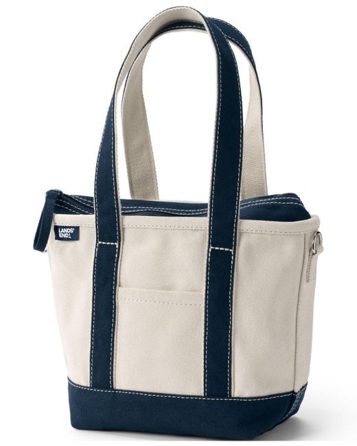 Lands' End Blue Small 3 Pocket Zip Top Long Handle Canvas Tote Bag