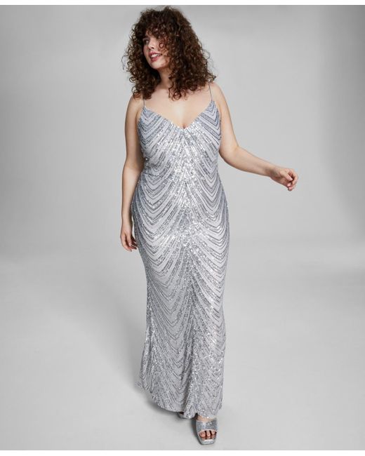 B Darlin Gray Trendy Plus Size Sequined V-neck Sleeveless Gown