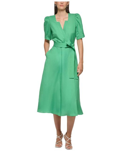 Karl Lagerfeld Cotton Belted Puff-sleeve Midi Dress in Green | Lyst