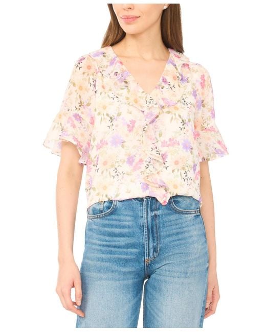 Cece Blue Flutter Sleeves Ruffle V-neck Top