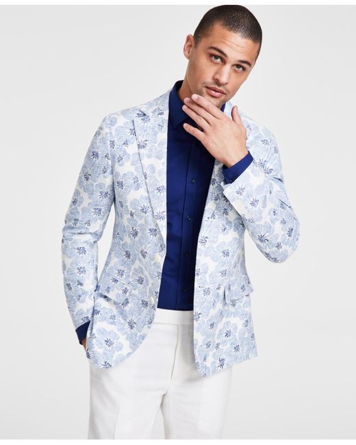 Tallia Blue Slim-fit White Floral Sport Coat for men