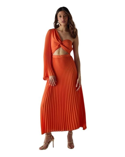 Warehouse Red Chiffon One Shoulder Cut Out Midi Dress