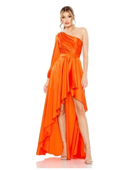 Mac Duggal Orange Ieena High Low One Shoulder Flowy Gown