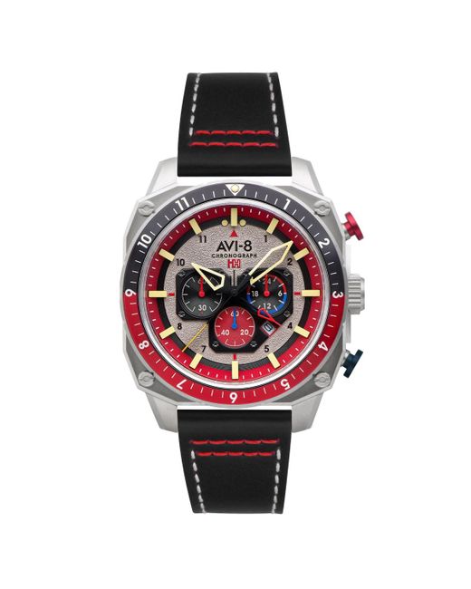 AVI-8 Red Hawker Hunter Atlas Dual-time Chronograph Black Leather Strap Watch for men