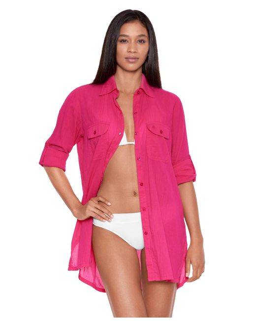 Lauren by Ralph Lauren Pink Crushed Cotton Cover-up Shirt
