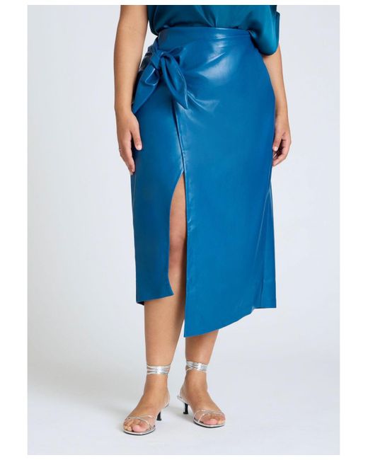 Eloquii Blue Plus Size Wrap Front Faux Leather Midi Skirt