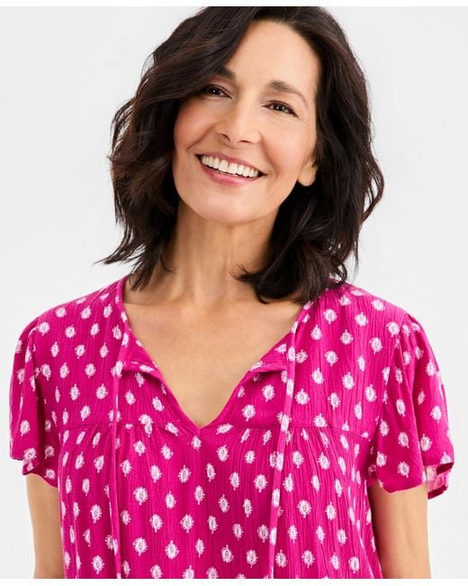 Style & Co. Pink Printed Split-neck Flutter-sleeve Blouse