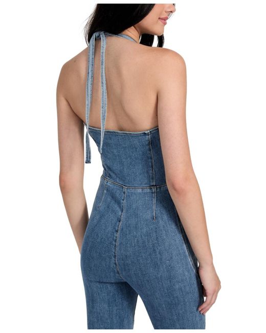 Guess Blue Blair Denim Halter Flared-leg Jumpsuit