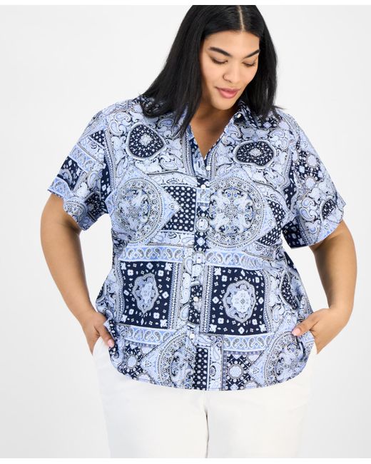 Tommy Hilfiger Blue Plus Size Cotton Patchwork-print Camp Shirt