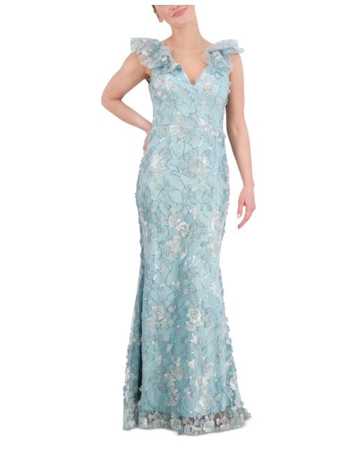 Eliza J Blue V-neck 3d Flower Sleeveless Gown