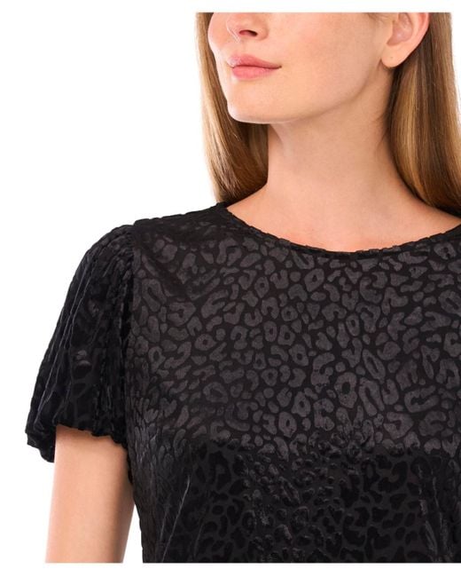 Cece Black Velvet Puff Short Sleeve Crewneck Blouse