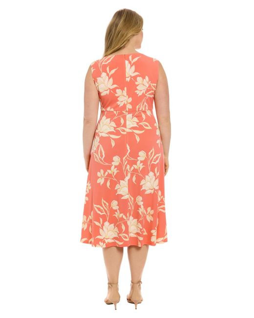 London Times Red Plus Size Printed Sleeveless Midi Dress