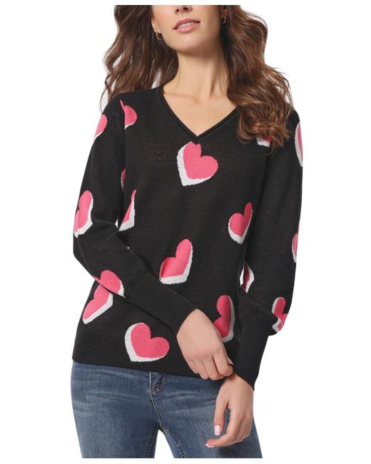 Jones New York Multicolor Jacquard Heart V- Neck Puff-sleeve Sweater