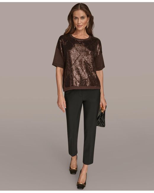 Donna Karan Brown Short Sleeve Sequin Sweater
