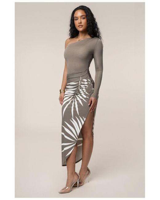 JLUXLABEL Natural One Shoulder Palm Print Dress