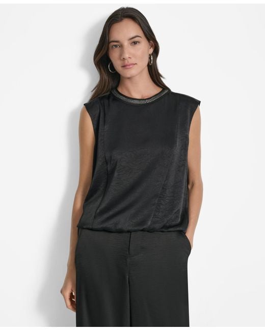 DKNY Black Crinkle-texture Chain-neck Top