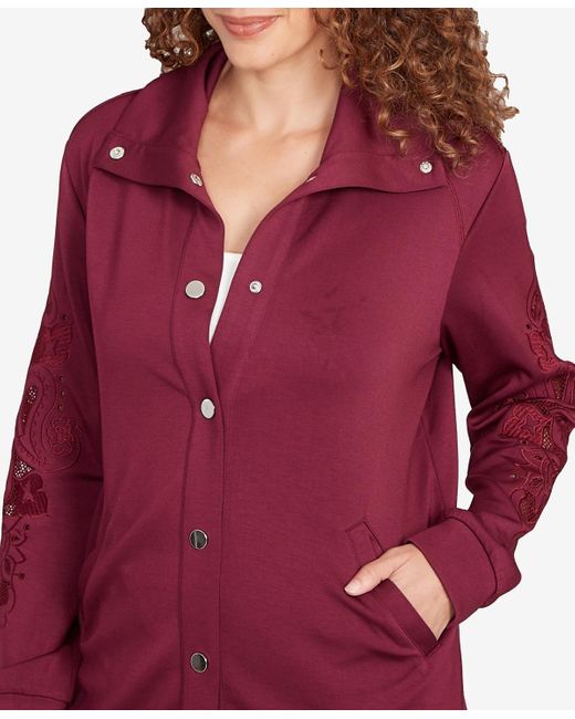 Ruby Rd Petite Embroidered Floral Cutout Snap Jacket