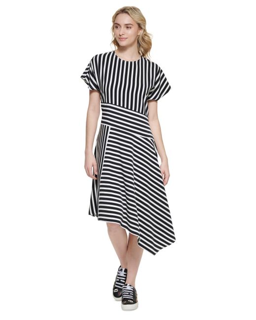 Karl Lagerfeld White Striped Asymmetrical-hem Dress