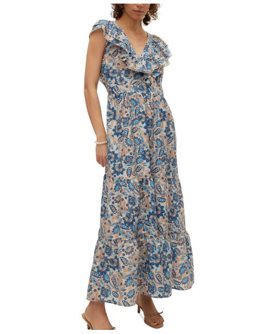 Vero Moda Blue Matilda Printed Layered-sleeve Maxi Dress