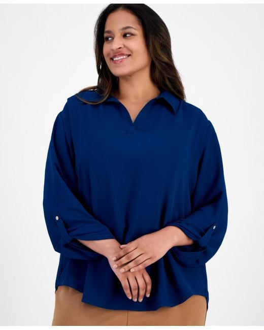 Anne Klein Blue Plus Size Collared V-neck Roll-tab-sleeves