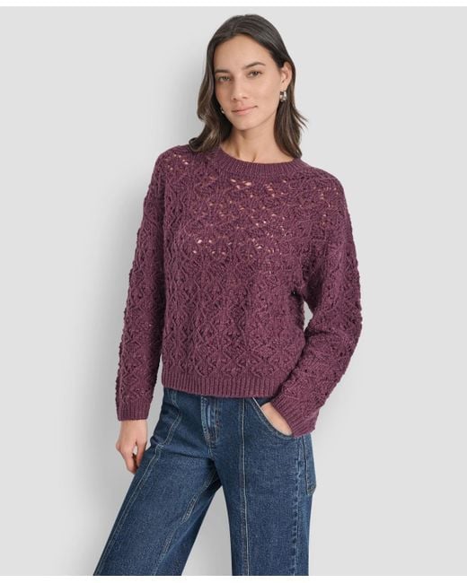 DKNY Purple Pointelle Long Sleeve Sweater