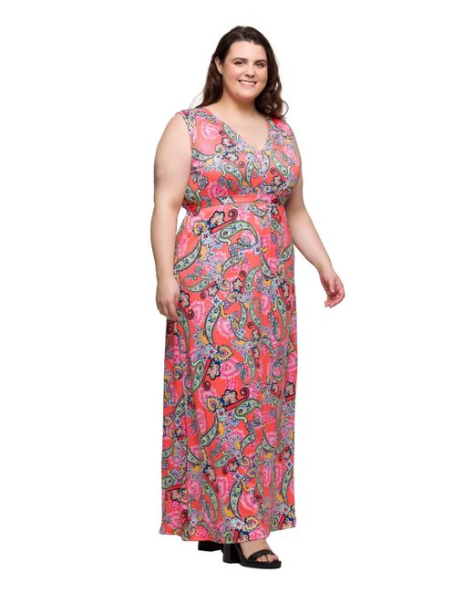 24seven Comfort Apparel Red Plus Size Print V-neck Empire Waist Sleeveless Maxi Dress
