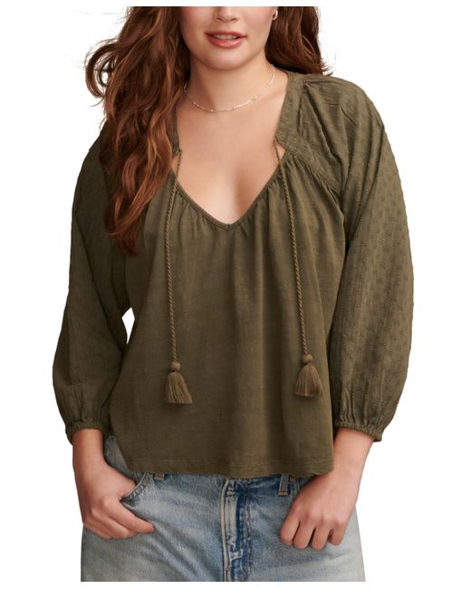 Lucky Brand Green Cotton Textured Peasant Blouse