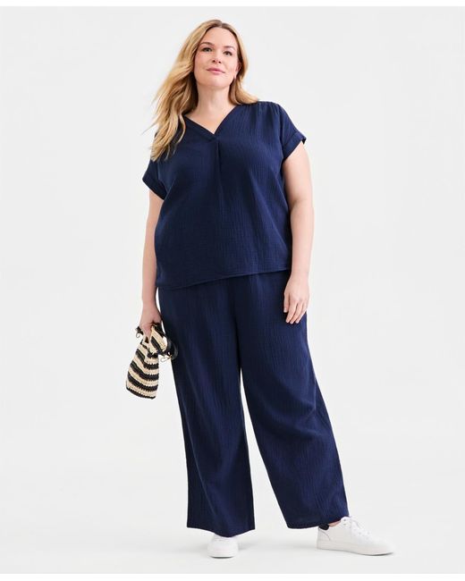 Style & Co. Blue Plus Size Solid V-neck Camp Shirt