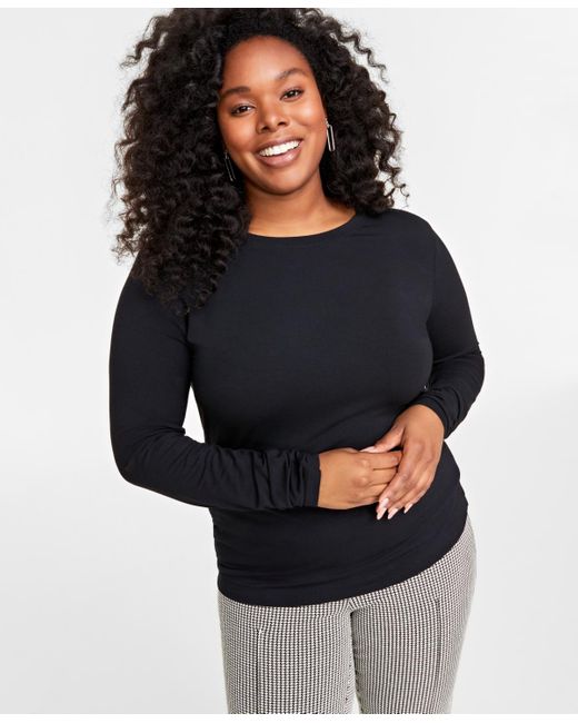 On 34th Blue Plus Size Solid Long-sleeve Crewneck Knit Top