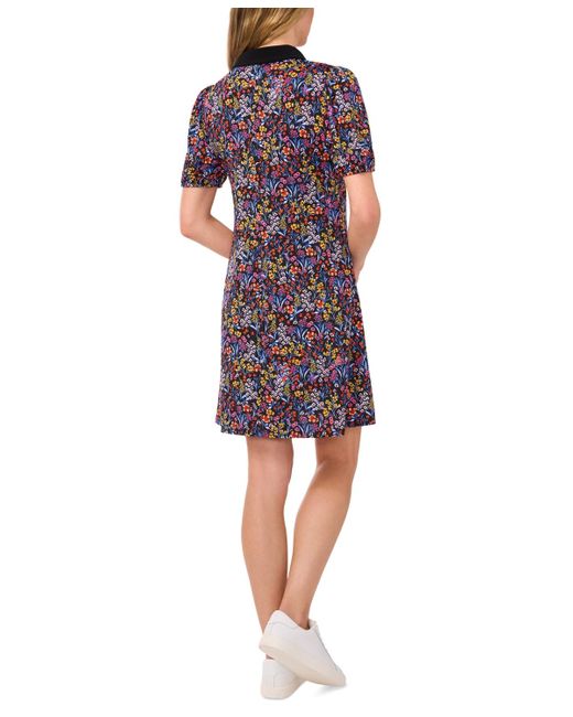 Cece Purple Polo-collared Puff-sleeve Knit Dress