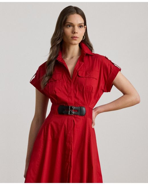 Ralph Lauren Red Buckle-trim Cotton-blend Shirtdress