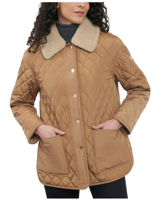 Michael Kors Brown Faux-sherpa-collar Quilted Coat