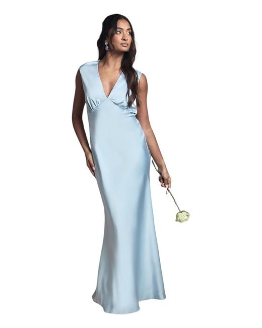 oasis blue bridesmaid dresses Blue Oasis Lace Trim Strappy Satin Maxi Bridesmaid Dress