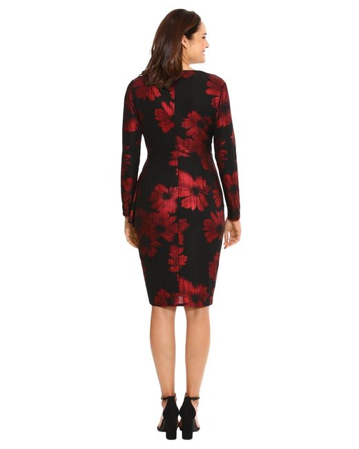 London Times Red Petite Foil-floral Cascade Sheath Dress