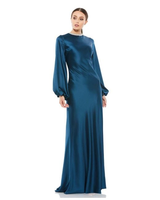 Mac Duggal Blue Ieena Satin Long Blouson Sleeve Evening Gown