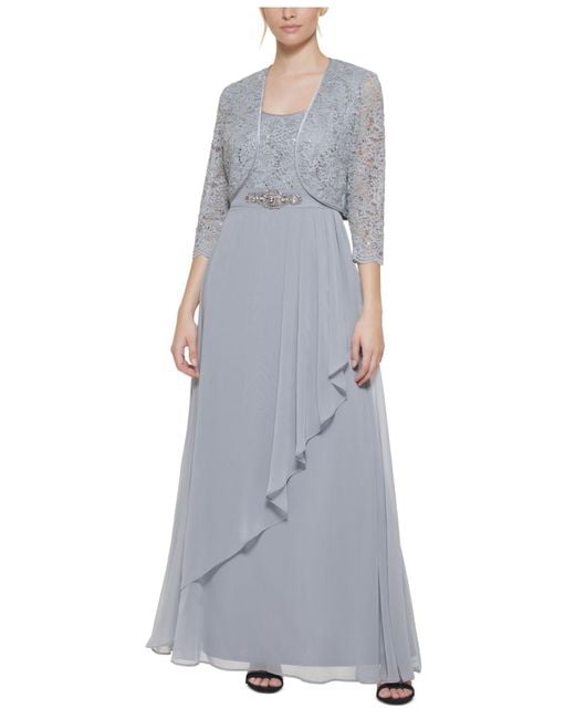 Jessica Howard Petite Chiffon A-line Gown And Jacket in Steel (Grey ...