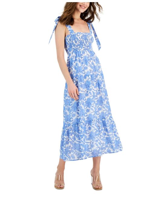 Sam Edelman Blue Tie-shoulder Smocked Tiered Dress